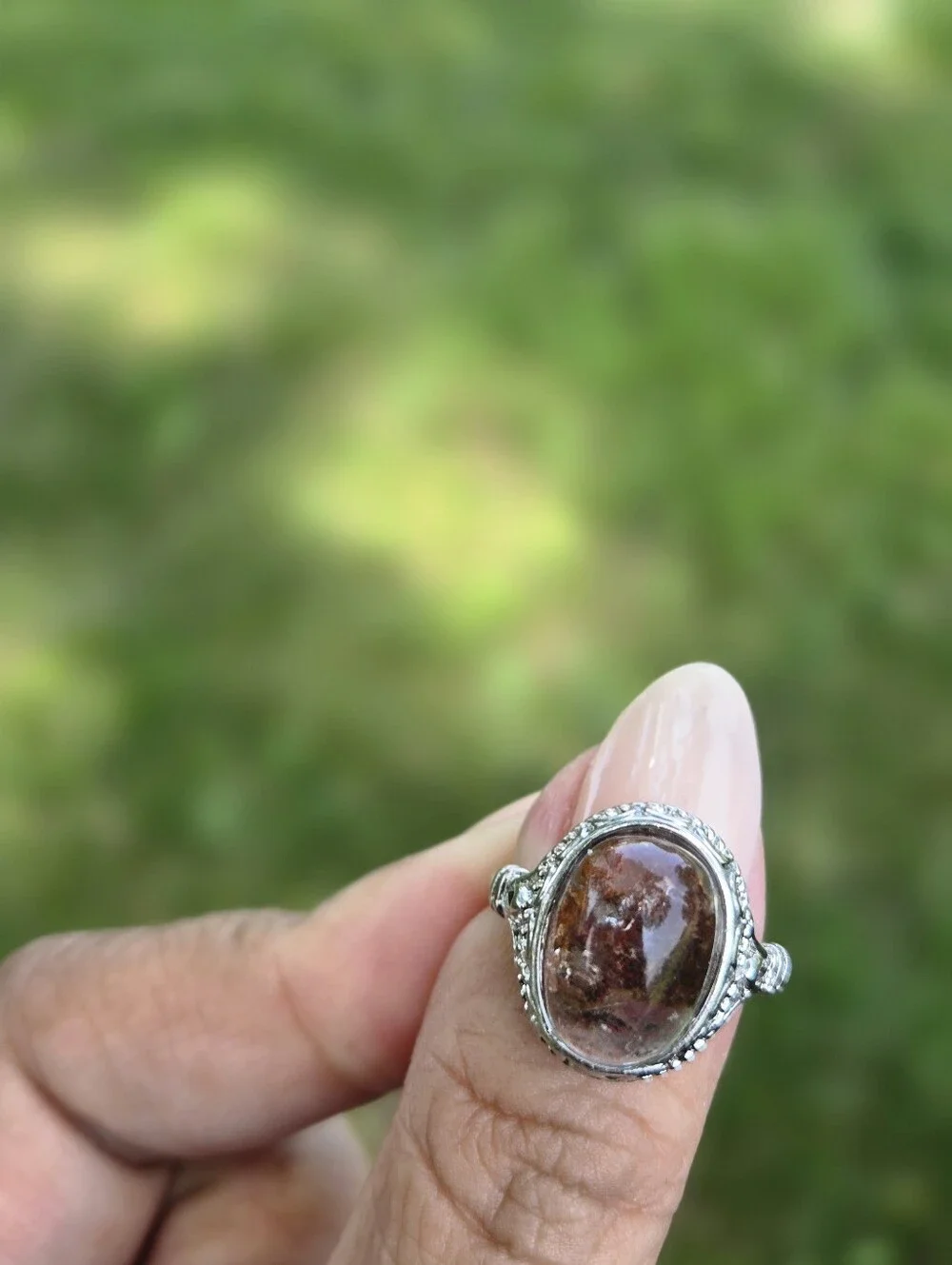 Garden Quartz Lodolite Ring Silver Crown Adjustable